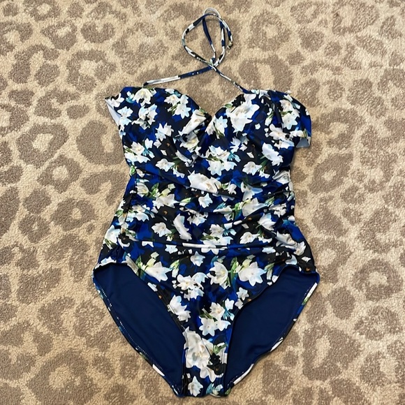 NICOLE MILLER Swim Suit 1 Piece Ruffle Blue Floral Large - Picture 2 of 6